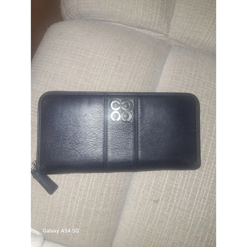 Coach Black Pebbled Leather Zip Around Wallet with Silver Interlocking C Logo